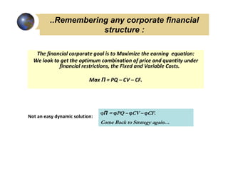 ..Remembering any corporate financial
                     structure :

   The financial corporate goal is to Maximize the earning equation:
  We look to get the optimum combination of price and quantity under
            financial restrictions, the Fixed and Variable Costs.

                           Max Π = PQ – CV – CF.




                                ϕΠ = ϕPQ – ϕCV – ϕCF.
Not an easy dynamic solution:
                                Come Back to Strategy again…
 