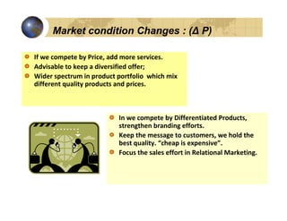 Market condition Changes : (∆ P)

If we compete by Price, add more services.
Advisable to keep a diversified offer;
Wider spectrum in product portfolio which mix
different quality products and prices.



                          In we compete by Differentiated Products,
                          strengthen branding efforts.
                          Keep the message to customers, we hold the
                          best quality. “cheap is expensive”.
                          Focus the sales effort in Relational Marketing.
 