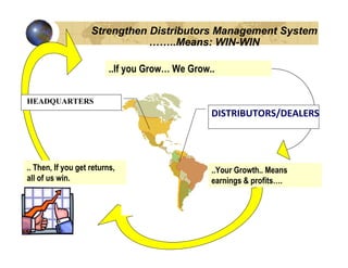 Strengthen Distributors Management System
                               ……..Means: WIN-WIN

                          ..If you Grow… We Grow..

HEADQUARTERS
                                                 DISTRIBUTORS/DEALERS




.. Then, If you get returns,                     ..Your Growth.. Means
all of us win.                                   earnings & profits….
 