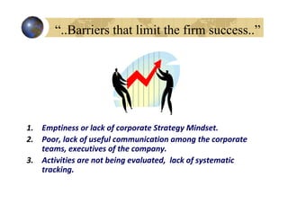 “..Barriers that limit the firm success..”




1. Emptiness or lack of corporate Strategy Mindset.
2. Poor, lack of useful communication among the corporate
   teams, executives of the company.
3. Activities are not being evaluated, lack of systematic
   tracking.
 
