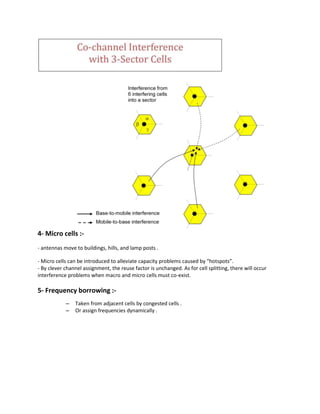 4- Micro cells :-
- antennas move to buildings, hills, and lamp posts .

- Micro cells can be introduced to alleviate capacity problems caused by “hotspots”.
- By clever channel assignment, the reuse factor is unchanged. As for cell splitting, there will occur
interference problems when macro and micro cells must co-exist.

5- Frequency borrowing :-
            –   Taken from adjacent cells by congested cells .
            –   Or assign frequencies dynamically .
 