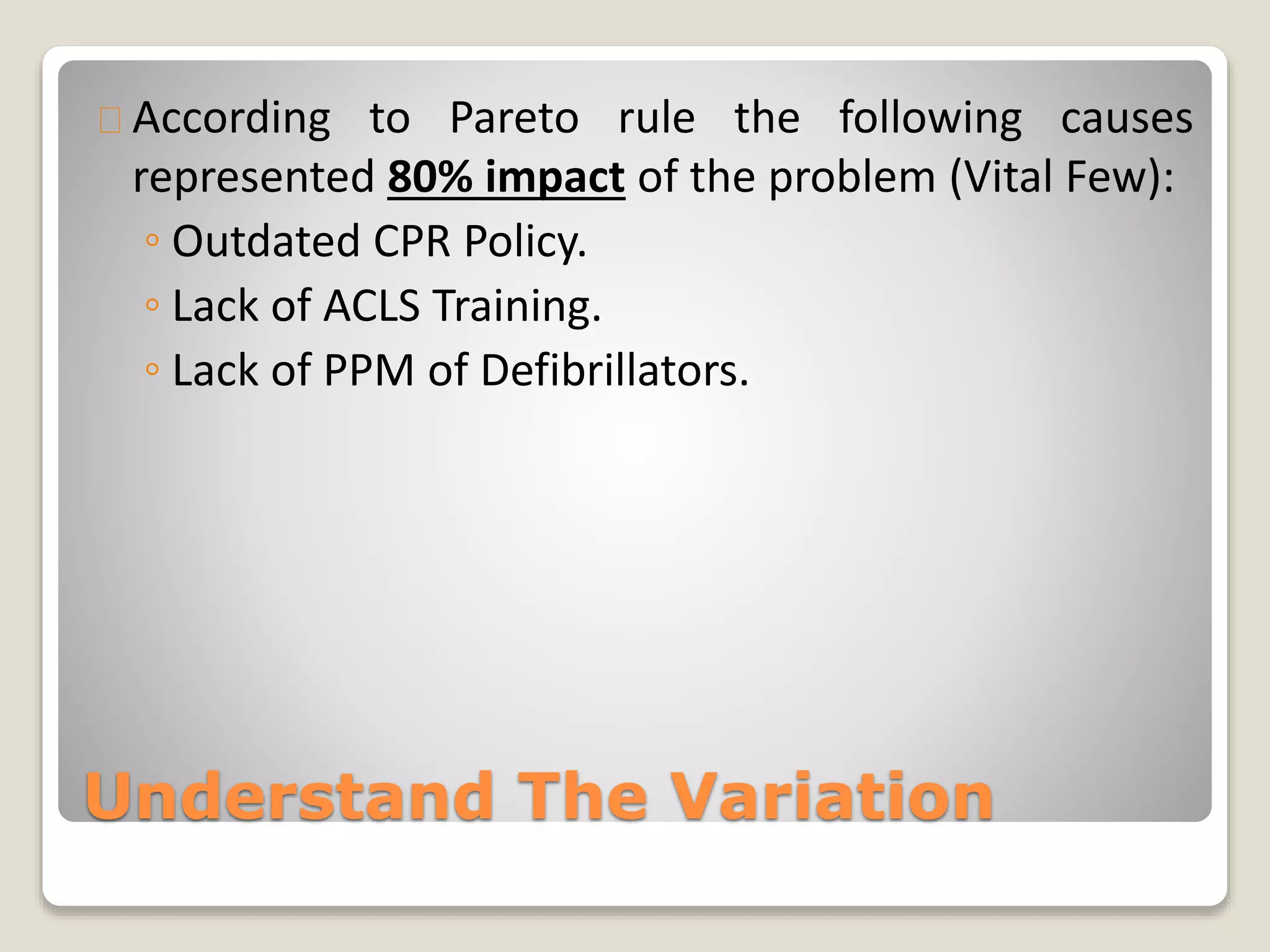 According to Pareto rule the following causes 
represented 80% impact of the problem (Vital Few): 
◦ Outdated CPR Policy. 
◦ Lack of ACLS Training. 
◦ Lack of PPM of Defibrillators. 
Understand The Variation 
 
