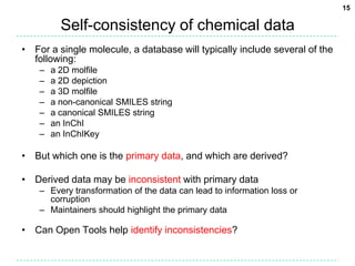 Self-consistency of chemical dataFor a single molecule, a database will typically include several of the following:a 2D molfilea 2D depictiona 3D molfilea non-canonical SMILES stringa canonical SMILES stringan InChIan InChIKeyBut which one is the primary data, and which are derived?Derived data may be inconsistent with primary dataEvery transformation of the data can lead to information loss or corruptionMaintainers should highlight the primary dataCan Open Tools help identify inconsistencies?15