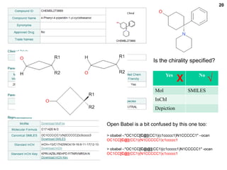 Is the chirality specified?√XOpen Babel is a bit confused by this one too:> obabel -:"OC1CC[C@](CC1)(c1ccccc1)N1CCCCC1" –ocanOC1CC[C@](CC1)(N1CCCCC1)c1ccccc1> obabel -:"OC1CC[C@@](CC1)(c1ccccc1)N1CCCCC1" -ocanOC1CC[C@](CC1)(N1CCCCC1)c1ccccc120
