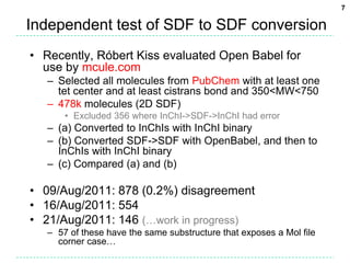 Independent test of SDF to SDF conversionRecently, Róbert Kiss evaluated Open Babel for use by mcule.comSelected all molecules from PubChem with at least one tet center and at least cistrans bond and 350<MW<750478k molecules (2D SDF)Excluded 356 where InChI->SDF->InChI had error(a) Converted to InChIs with InChI binary(b) Converted SDF->SDF with OpenBabel, and then to InChIs with InChI binary(c) Compared (a) and (b)09/Aug/2011: 878 (0.2%) disagreement16/Aug/2011: 55421/Aug/2011: 146 (…work in progress)57 of these have the same substructure that exposes a Mol file corner case…7