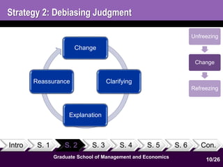 Strategy 2: Debiasing Judgment 
Change 
Clarifying 
Reassurance 
Explanation 
Intro S. 1 S. 2 S. 3 S. 4 S. 5 S. 6 Con. 
10 
1 
Graduate School of Management and Economics 
Unfreezing 
Change 
Refreezing 
10/26 
 
