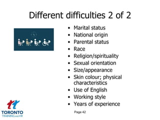 Different difficulties 2 of 2
• Marital status
• National origin
• Parental status
• Race
• Religion/spirituality
• Sexual orientation
• Size/appearance
• Skin colour; physical
characteristics
• Use of English
• Working style
• Years of experience
Page 42
 