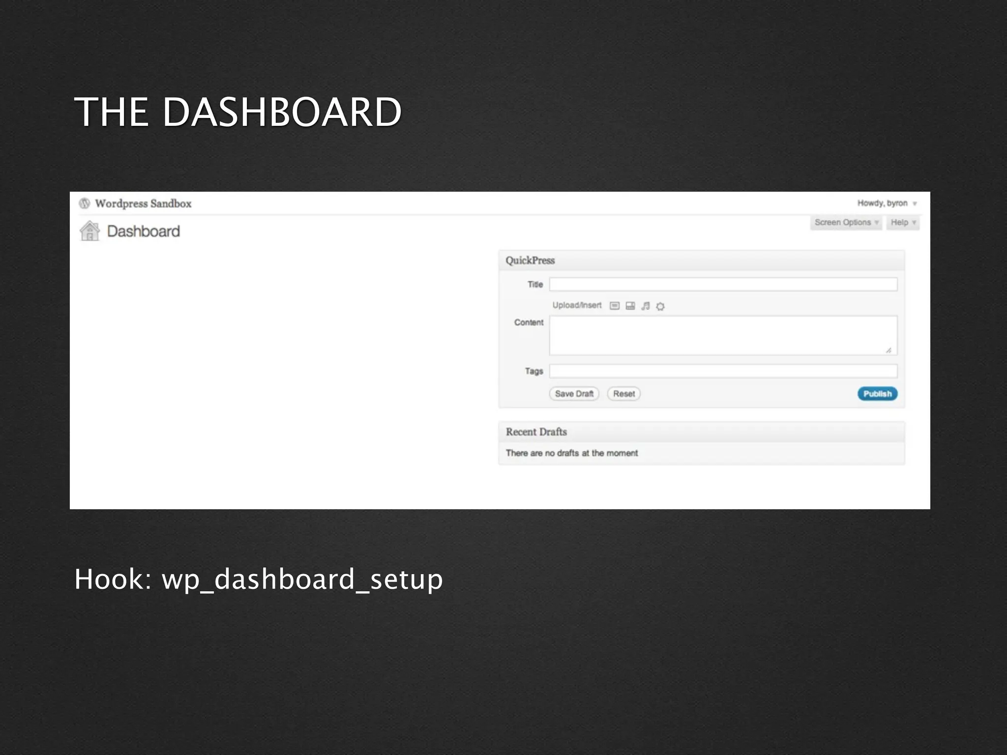 THE DASHBOARD




Hook: wp_dashboard_setup
 
