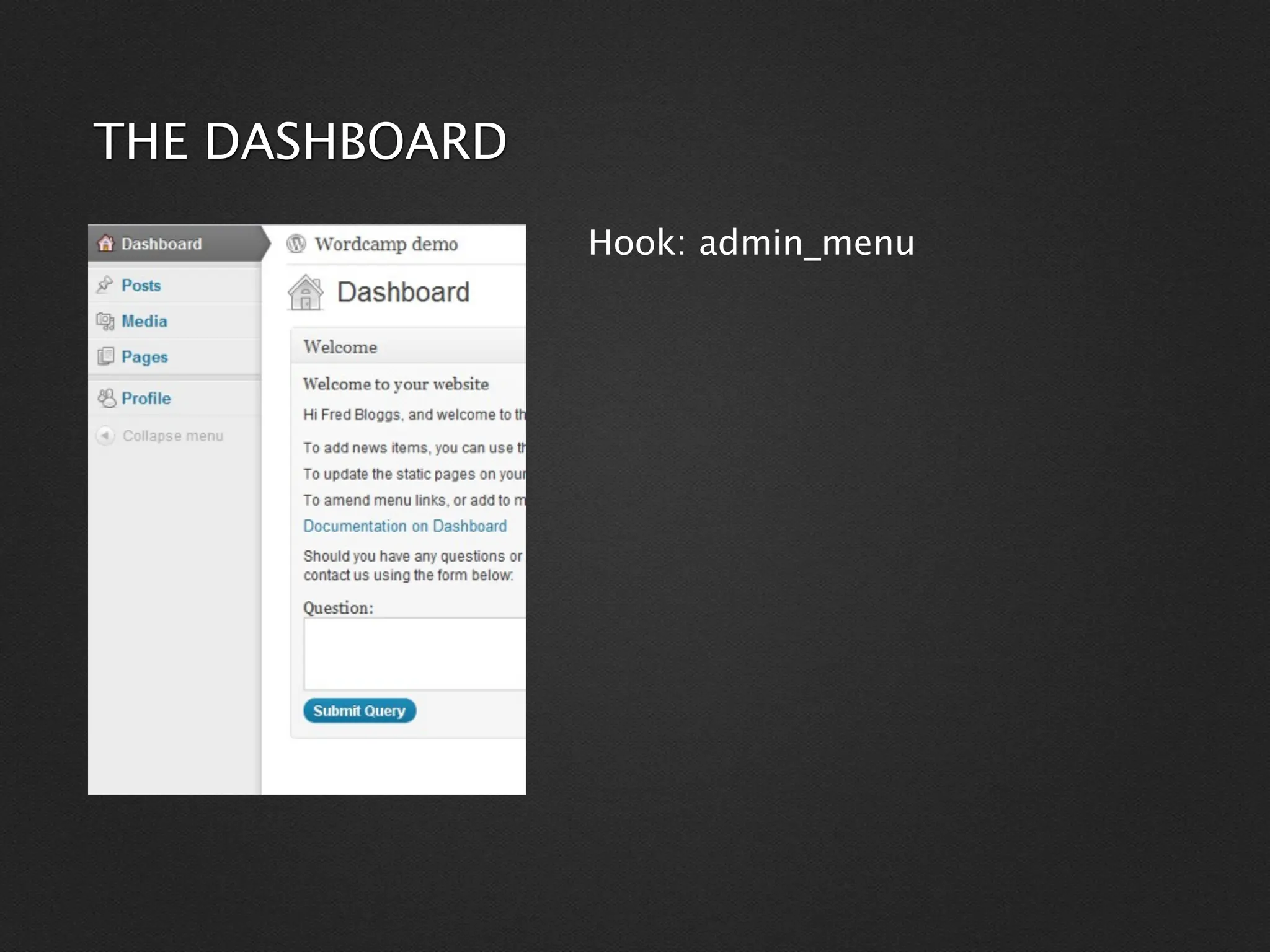 THE DASHBOARD
                Hook: admin_menu
 