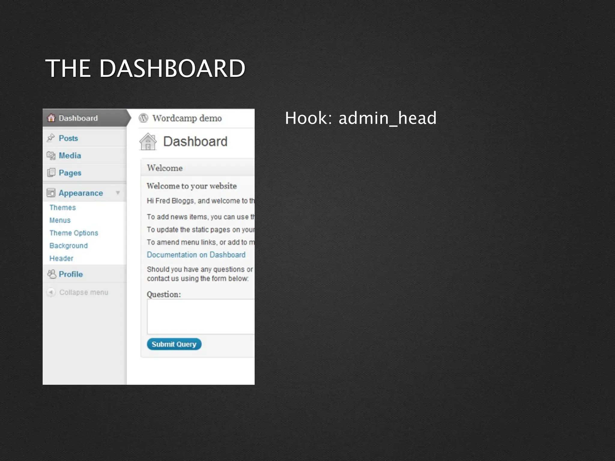 THE DASHBOARD
                Hook: admin_head
 