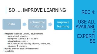 SO …. IMPROVE LEARNING REC 4:
USE ALL
AVAILABL
E
EXPERTI
SE
•integrate expertise DURING development
•educational scientist...