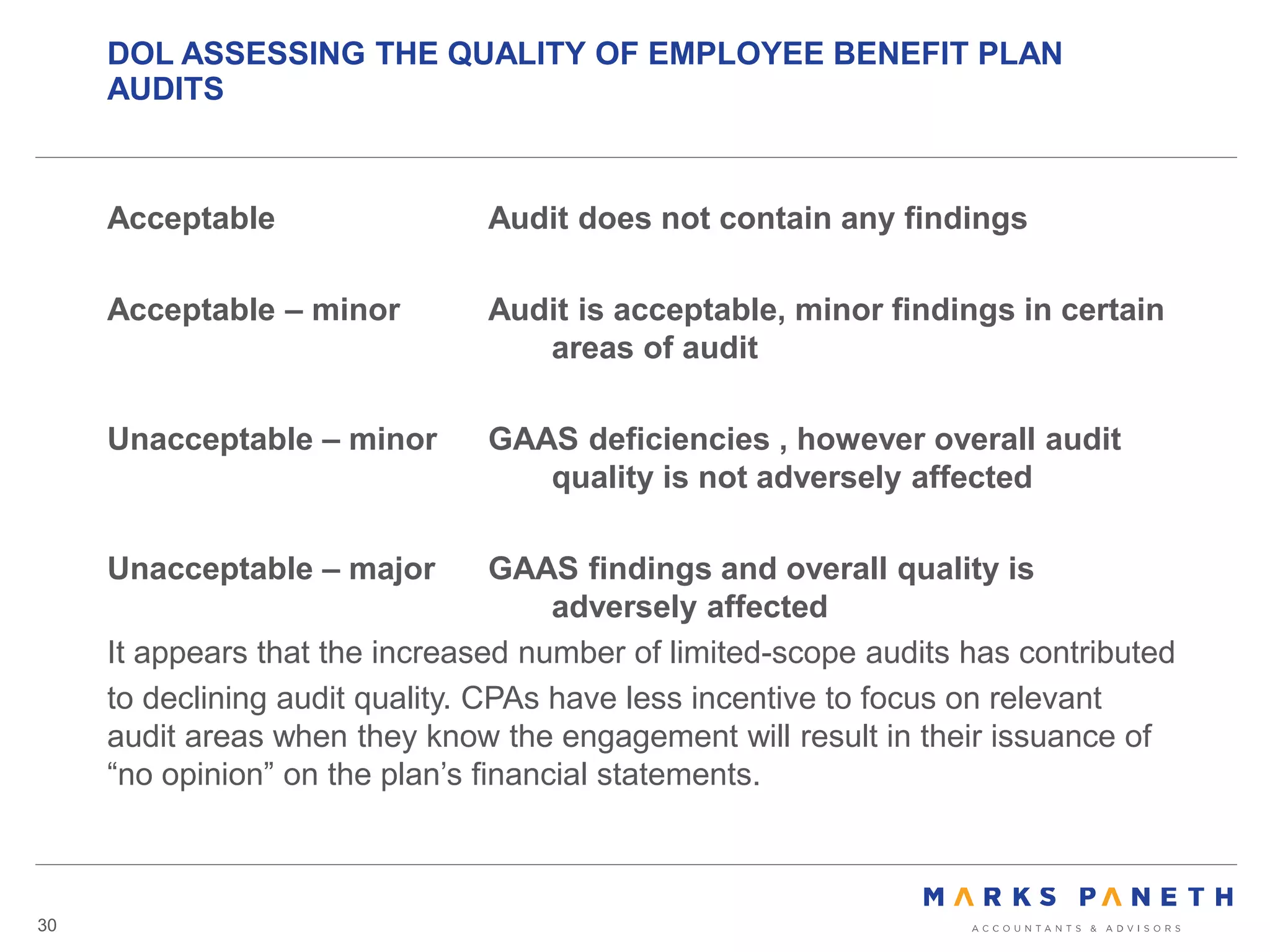 DOL ASSESSING THE QUALITY OF EMPLOYEE BENEFIT PLAN
AUDITS
30
Acceptable Audit does not contain any findings
Acceptable – minor Audit is acceptable, minor findings in certain
areas of audit
Unacceptable – minor GAAS deficiencies , however overall audit
quality is not adversely affected
Unacceptable – major GAAS findings and overall quality is
adversely affected
It appears that the increased number of limited-scope audits has contributed
to declining audit quality. CPAs have less incentive to focus on relevant
audit areas when they know the engagement will result in their issuance of
“no opinion” on the plan’s financial statements.
 