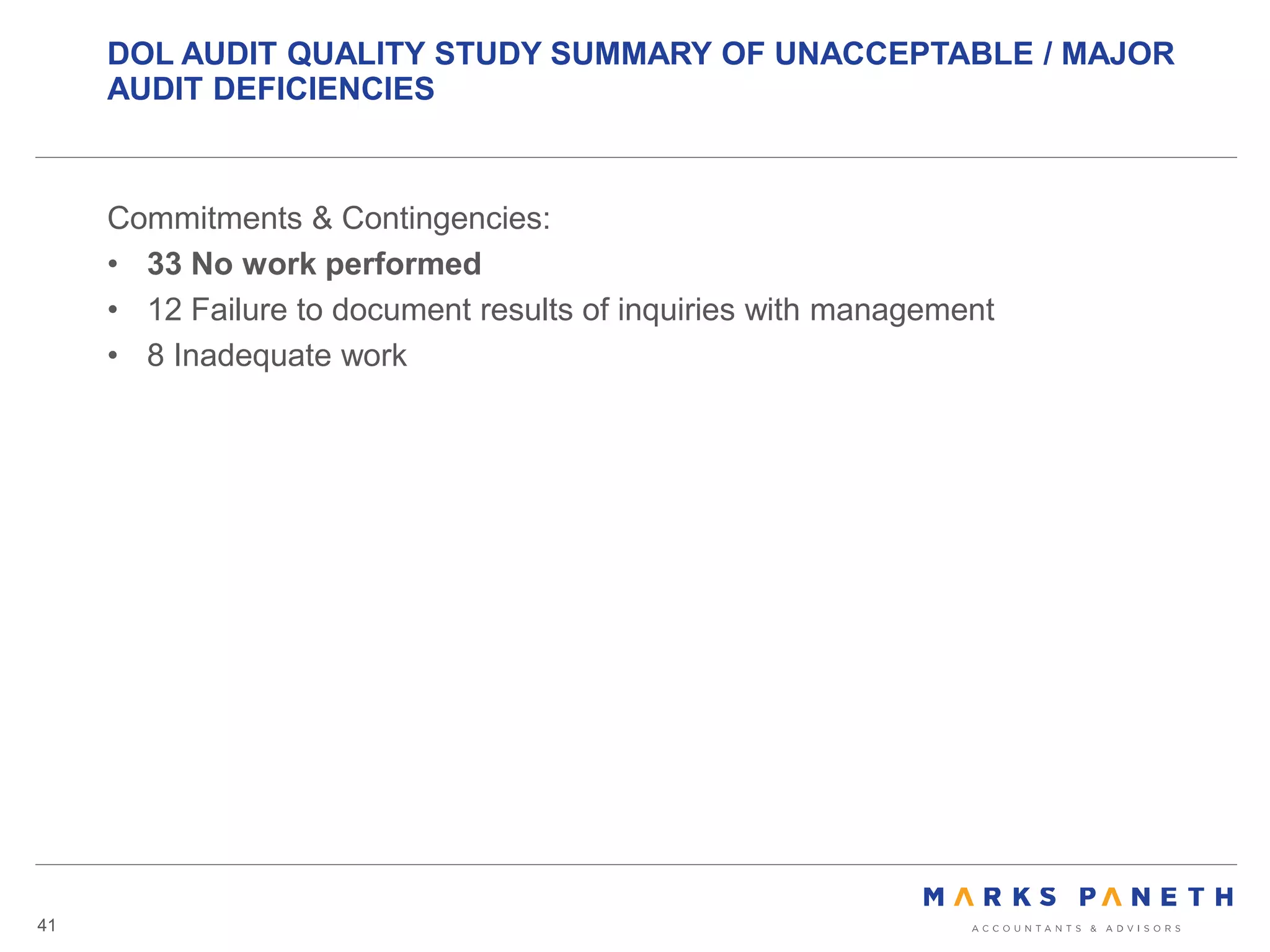 DOL AUDIT QUALITY STUDY SUMMARY OF UNACCEPTABLE / MAJOR
AUDIT DEFICIENCIES
41
Commitments & Contingencies:
• 33 No work performed
• 12 Failure to document results of inquiries with management
• 8 Inadequate work
 