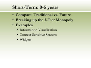 Short-Term: 0-5 years Compare: Traditional vs. Future Breaking up the 3-Tier Monopoly Examples Information Visualization Context Sensitive Screens Widgets 