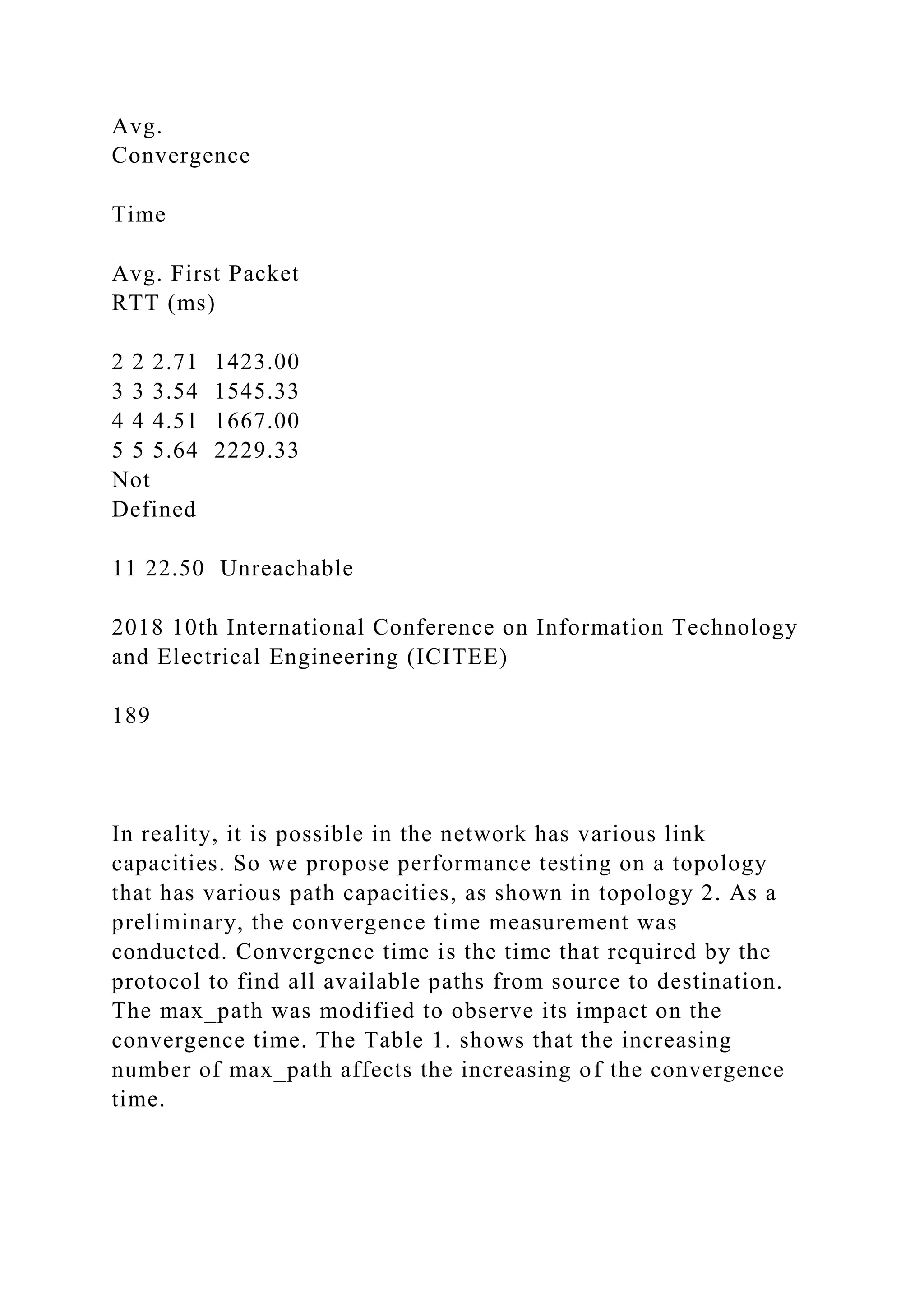 Avg. Convergence Time Avg. First Packet RTT (ms) 2 2 2.71 1423.00 3 3 3.54 1545.33 4 4 4.51 1667.00 5 5 5.64 2229.33 Not Defined 11 22.50 Unreachable 2018 10th International Conference on Information Technology and Electrical Engineering (ICITEE) 189 In reality, it is possible in the network has various link capacities. So we propose performance testing on a topology that has various path capacities, as shown in topology 2. As a preliminary, the convergence time measurement was conducted. Convergence time is the time that required by the protocol to find all available paths from source to destination. The max_path was modified to observe its impact on the convergence time. The Table 1. shows that the increasing number of max_path affects the increasing of the convergence time. 