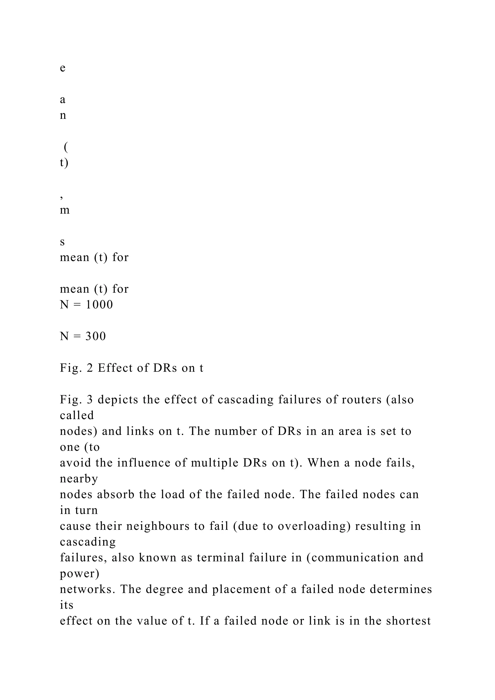 e a n ( t) , m s mean (t) for mean (t) for N = 1000 N = 300 Fig. 2 Effect of DRs on t Fig. 3 depicts the effect of cascading failures of routers (also called nodes) and links on t. The number of DRs in an area is set to one (to avoid the influence of multiple DRs on t). When a node fails, nearby nodes absorb the load of the failed node. The failed nodes can in turn cause their neighbours to fail (due to overloading) resulting in cascading failures, also known as terminal failure in (communication and power) networks. The degree and placement of a failed node determines its effect on the value of t. If a failed node or link is in the shortest 