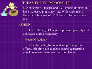TREAMENT TO IMPROVE ER
Use of Aspirin, Heparin and I.V. immunologlobulin
have increased pregnancy rate. With Aspirin and
Heparin failure, use of IVIG has still better success
rate.
ASPIRIN-
Dose of 80 mg OD is given preconceptionely and
continued during pregnancy.
Mode Of Action:-
It is anti-prostaglandin and antiprostacycline
effects, inhibits platelet adhesion and aggregation
which increases foetomaternal circulation.
 