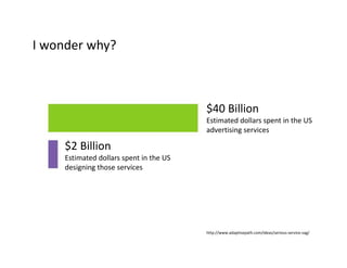 $40 Billion
Estimated dollars spent in the US 
advertising services
$2 Billion
Estimated dollars spent in the US 
designing those services
http://www.adaptivepath.com/ideas/serious‐service‐sag/
I wonder why?
 