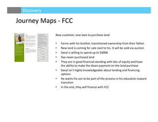 Journey Maps ‐ FCC
New customer, new loan to purchase land
• Farms with his brother, transitioned ownership from their father.
• New land is coming for sale next to his. It will be sold via auction
• Daryl is willing to spend up to $400K
• Has never purchased land
• They are in good financial standing with lots of equity and have 
the ability to make the down payment on the land purchase
• Daryl isn’t highly knowledgeable about lending and financing 
options
• He wants his son to be part of the process in his education toward 
transition
• In the end, they will finance with FCC
Discovery
 
