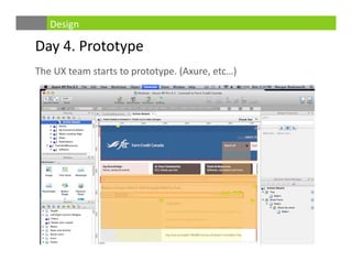 Day 4. Prototype
The UX team starts to prototype. (Axure, etc…)
Design
 