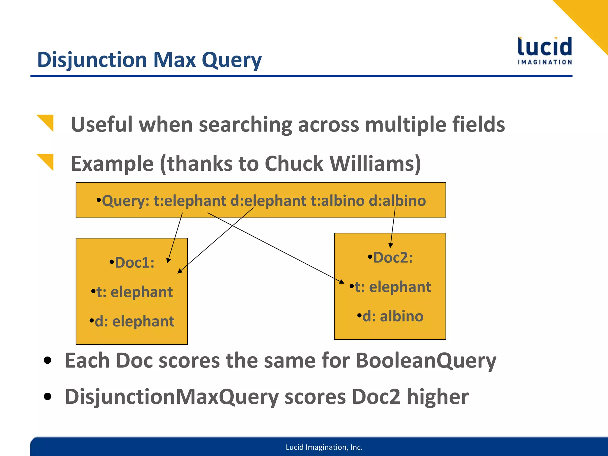 Disjunction Max Query

   Useful when searching across multiple fields
   Example (thanks to Chuck Williams)
     •Query: t:elephant d:elephant t:albino d:albino


       •Doc1:                                             •Doc2:

     •t: elephant                                 •t: elephant

    •d: elephant                                     •d: albino

• Each Doc scores the same for BooleanQuery
• DisjunctionMaxQuery scores Doc2 higher
                                Lucid Imagination, Inc.
 