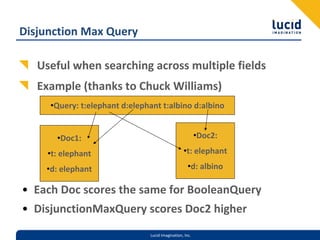 Disjunction Max Query

   Useful when searching across multiple fields
   Example (thanks to Chuck Williams)
     •Query: t:elephant d:elephant t:albino d:albino


       •Doc1:                                             •Doc2:

     •t: elephant                                 •t: elephant

    •d: elephant                                     •d: albino

• Each Doc scores the same for BooleanQuery
• DisjunctionMaxQuery scores Doc2 higher
                                Lucid Imagination, Inc.
 