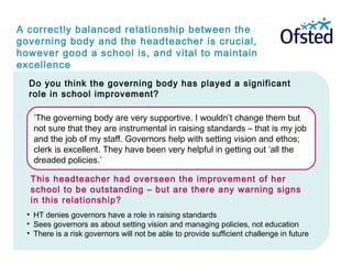 A correctly balanced relationship between the
governing body and the headteacher is crucial,
however good a school is, and vital to maintain
excellence
‘The governing body are very supportive. I wouldn’t change them but
not sure that they are instrumental in raising standards – that is my job
and the job of my staff. Governors help with setting vision and ethos;
clerk is excellent. They have been very helpful in getting out ‘all the
dreaded policies.’
Do you think the governing body has played a significant
role in school improvement?
This headteacher had overseen the improvement of her
school to be outstanding – but are there any warning signs
in this relationship?
• HT denies governors have a role in raising standards
• Sees governors as about setting vision and managing policies, not education
• There is a risk governors will not be able to provide sufficient challenge in future
 