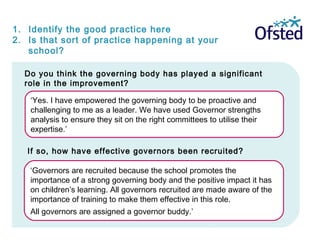 Do you think the governing body has played a significant
role in the improvement?
‘Yes. I have empowered the governing body to be proactive and
challenging to me as a leader. We have used Governor strengths
analysis to ensure they sit on the right committees to utilise their
expertise.’
If so, how have effective governors been recruited?
‘Governors are recruited because the school promotes the
importance of a strong governing body and the positive impact it has
on children’s learning. All governors recruited are made aware of the
importance of training to make them effective in this role.
All governors are assigned a governor buddy.’
1. Identify the good practice here
2. Is that sort of practice happening at your
school?
 