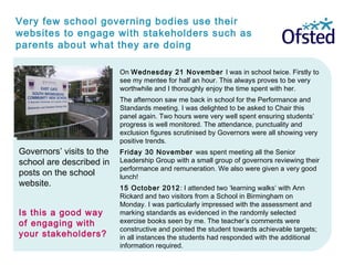 Very few school governing bodies use their
websites to engage with stakeholders such as
parents about what they are doing
On Wednesday 21 November I was in school twice. Firstly to
see my mentee for half an hour. This always proves to be very
worthwhile and I thoroughly enjoy the time spent with her.
The afternoon saw me back in school for the Performance and
Standards meeting. I was delighted to be asked to Chair this
panel again. Two hours were very well spent ensuring students’
progress is well monitored. The attendance, punctuality and
exclusion figures scrutinised by Governors were all showing very
positive trends.
Friday 30 November was spent meeting all the Senior
Leadership Group with a small group of governors reviewing their
performance and remuneration. We also were given a very good
lunch!
15 October 2012: I attended two ‘learning walks’ with Ann
Rickard and two visitors from a School in Birmingham on
Monday. I was particularly impressed with the assessment and
marking standards as evidenced in the randomly selected
exercise books seen by me. The teacher’s comments were
constructive and pointed the student towards achievable targets;
in all instances the students had responded with the additional
information required.
Governors’ visits to the
school are described in
posts on the school
website.
Is this a good way
of engaging with
your stakeholders?
 