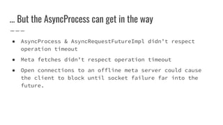 … But the AsyncProcess can get in the way
● AsyncProcess & AsyncRequestFutureImpl didn’t respect
operation timeout
● Meta fetches didn’t respect operation timeout
● Open connections to an offline meta server could cause
the client to block until socket failure far into the
future.
 