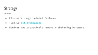 Strategy
● Eliminate usage related failures
● Tune GC bit.ly/hbasegc
● Monitor and proactively remove misbehaving hardware
 