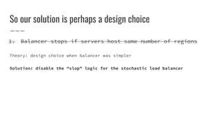So our solution is perhaps a design choice
1. Balancer stops if servers host same number of regions
Theory: design choice when balancer was simpler
Solution: disable the “slop” logic for the stochastic load balancer
 