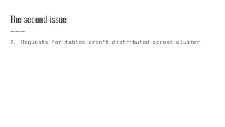 The second issue
2. Requests for tables aren’t distributed across cluster
 