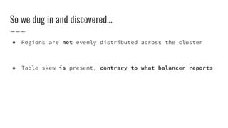 So we dug in and discovered...
● Regions are not evenly distributed across the cluster
● Table skew is present, contrary to what balancer reports
 