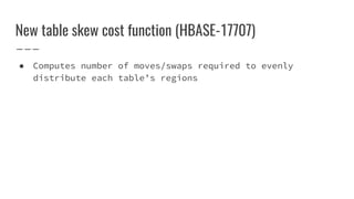 New table skew cost function (HBASE-17707)
● Computes number of moves/swaps required to evenly
distribute each table’s regions
 
