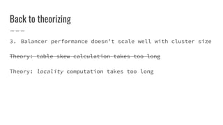 Back to theorizing
3. Balancer performance doesn’t scale well with cluster size
Theory: table skew calculation takes too long
Theory: locality computation takes too long
 