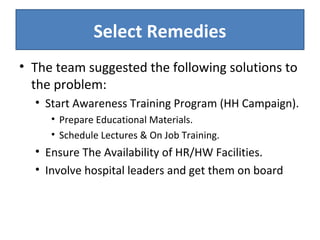 Select Remedies 
• The team suggested the following solutions to 
the problem: 
• Start Awareness Training Program (HH Campaign). 
• Prepare Educational Materials. 
• Schedule Lectures & On Job Training. 
• Ensure The Availability of HR/HW Facilities. 
• Involve hospital leaders and get them on board 
 