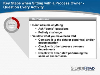 Key Steps when Sitting with a Process Owner -
Question Every Activity


                Don’t Assume

                Don’t assume anything
  End-to-End
  Processes

                    Ask “dumb” questions
                    Politely challenge
                Validate what you have been told
                    Compare it to the data or paper trail and/or
                      documentation
                    Check with other process owners /
                      departments
                    Check with other staff performing the
                      same or similar tasks
 