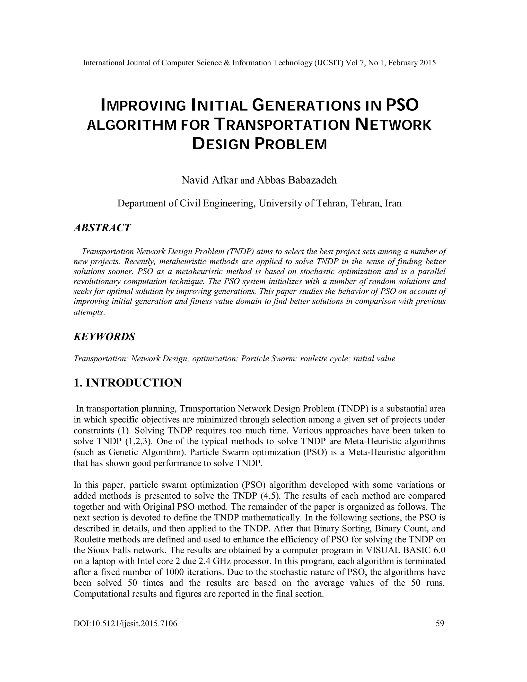 Improving initial generations in pso algorithm for transportation ...