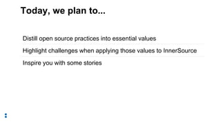 Today, we plan to...
Distill open source practices into essential values
Highlight challenges when applying those values t...