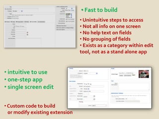 • Fast to build
                                 • Unintuitive steps to access
                                 • Not all info on one screen
                                 • No help text on fields
                                 • No grouping of fields
                                 • Exists as a category within edit
                                 tool, not as a stand alone app


• intuitive to use
• one-step app
• single screen edit


• Custom code to build
  or modify existing extension
 