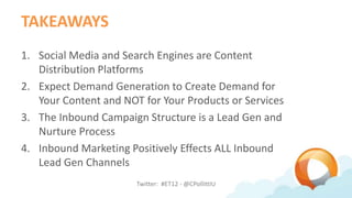 TAKEAWAYS
1. Social Media and Search Engines are Content
   Distribution Platforms
2. Expect Demand Generation to Create D...