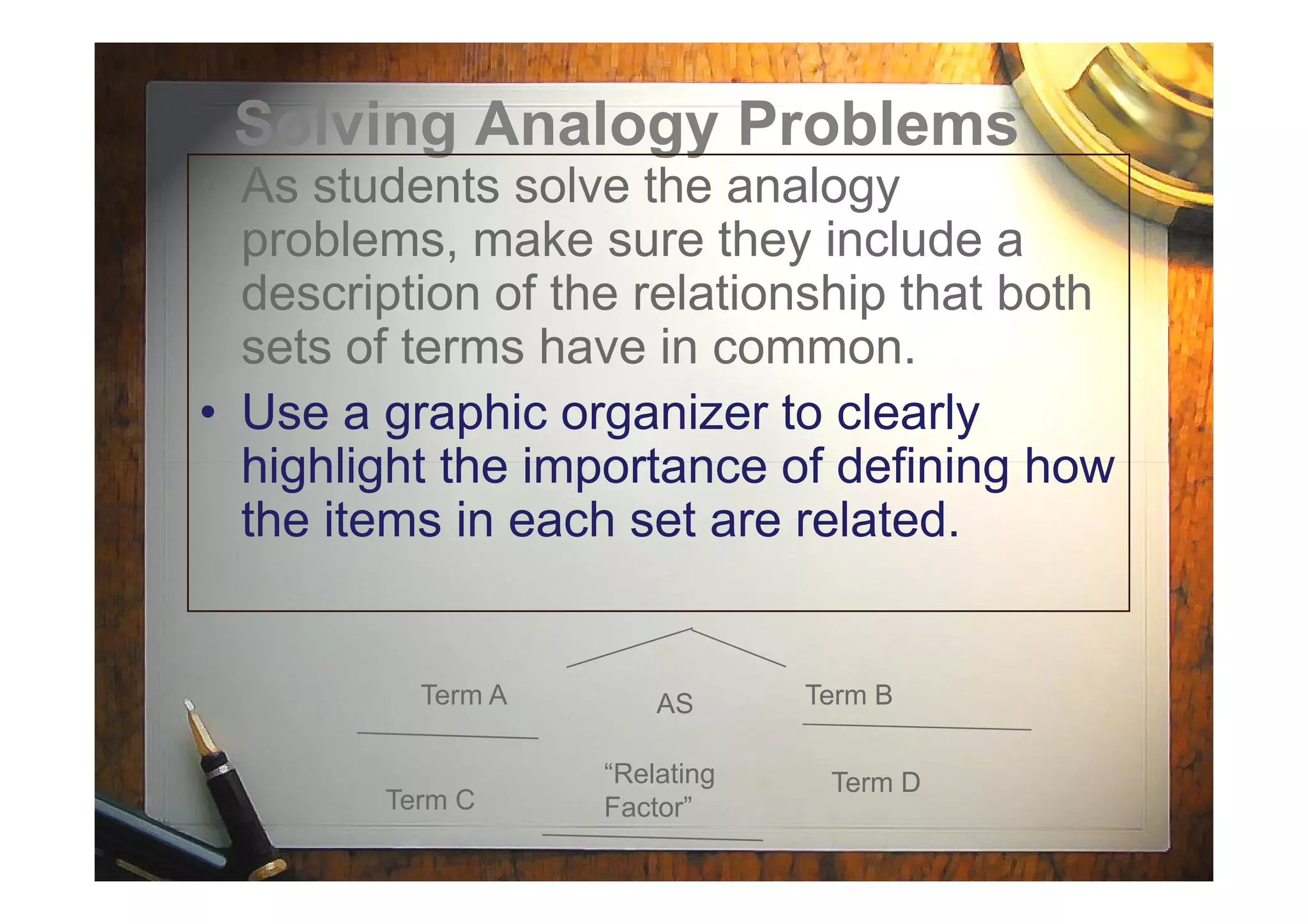 Solving Analogy Problems
• As students solve the analogy
problems, make sure they include a
description of the relationship that both
sets of terms have in common.
• Use a graphic organizer to clearly
highlight the importance of defining howhighlight the importance of defining how
the items in each set are related.
Term A Term BAS
Term C
Term D“Relating
Factor”
 