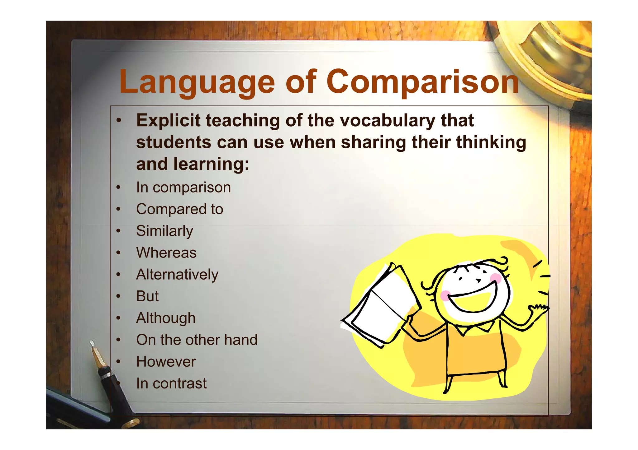 Language of Comparison
• Explicit teaching of the vocabulary that
students can use when sharing their thinking
and learning:
• In comparison
• Compared to
• Similarly• Similarly
• Whereas
• Alternatively
• But
• Although
• On the other hand
• However
• In contrast
 