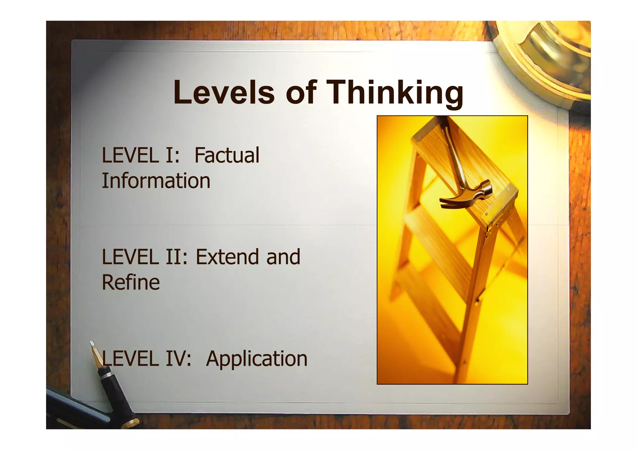 Levels of Thinking
LEVEL I: Factual
Information
LEVEL II: Extend and
Refine
LEVEL IV: Application
 