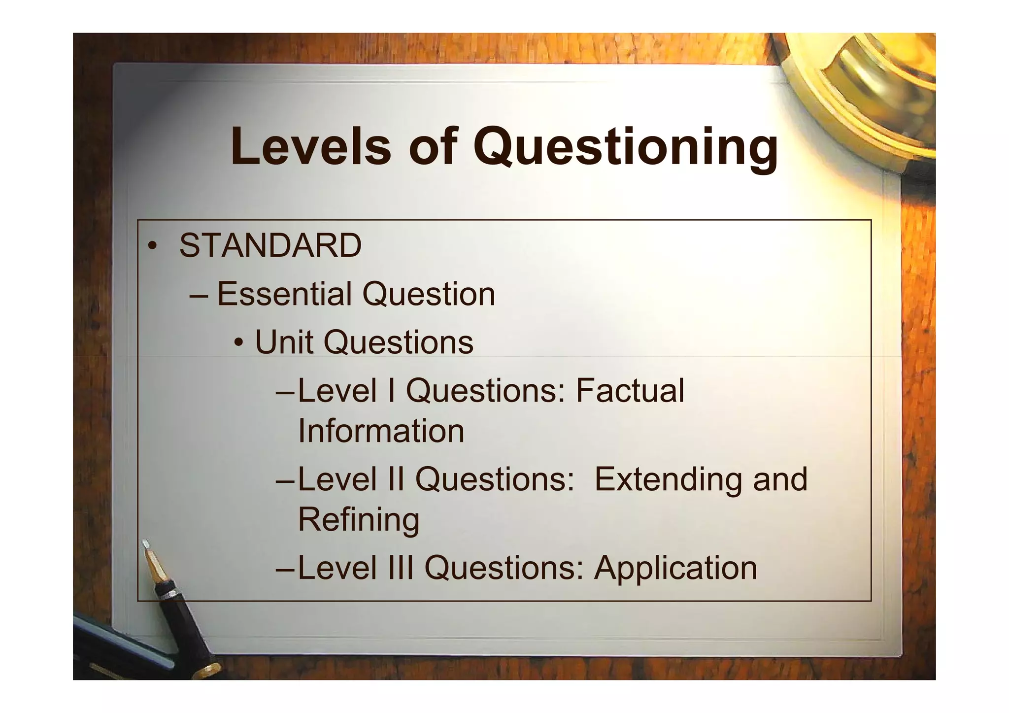 Levels of Questioning
• STANDARD
– Essential Question
• Unit Questions• Unit Questions
–Level I Questions: Factual
Information
–Level II Questions: Extending and
Refining
–Level III Questions: Application
 