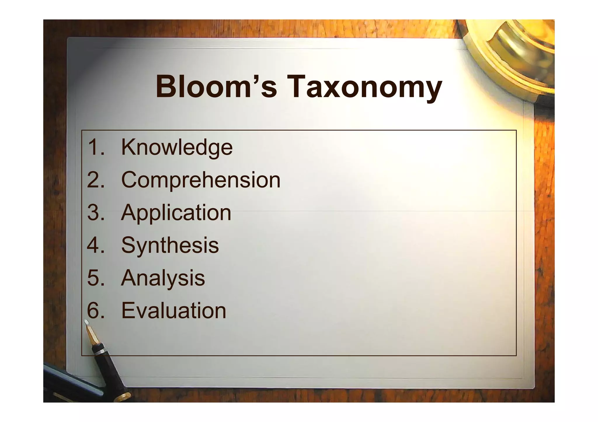 Bloom’s Taxonomy
1. Knowledge
2. Comprehension
3. Application3. Application
4. Synthesis
5. Analysis
6. Evaluation
 