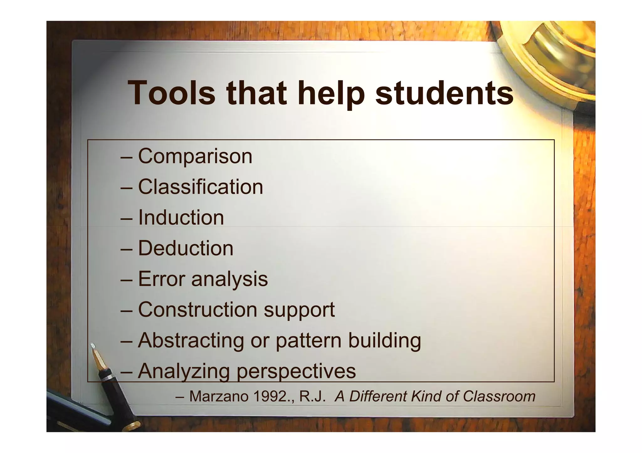 Tools that help students
– Comparison
– Classification
– Induction– Induction
– Deduction
– Error analysis
– Construction support
– Abstracting or pattern building
– Analyzing perspectives
– Marzano 1992., R.J. A Different Kind of Classroom
 
