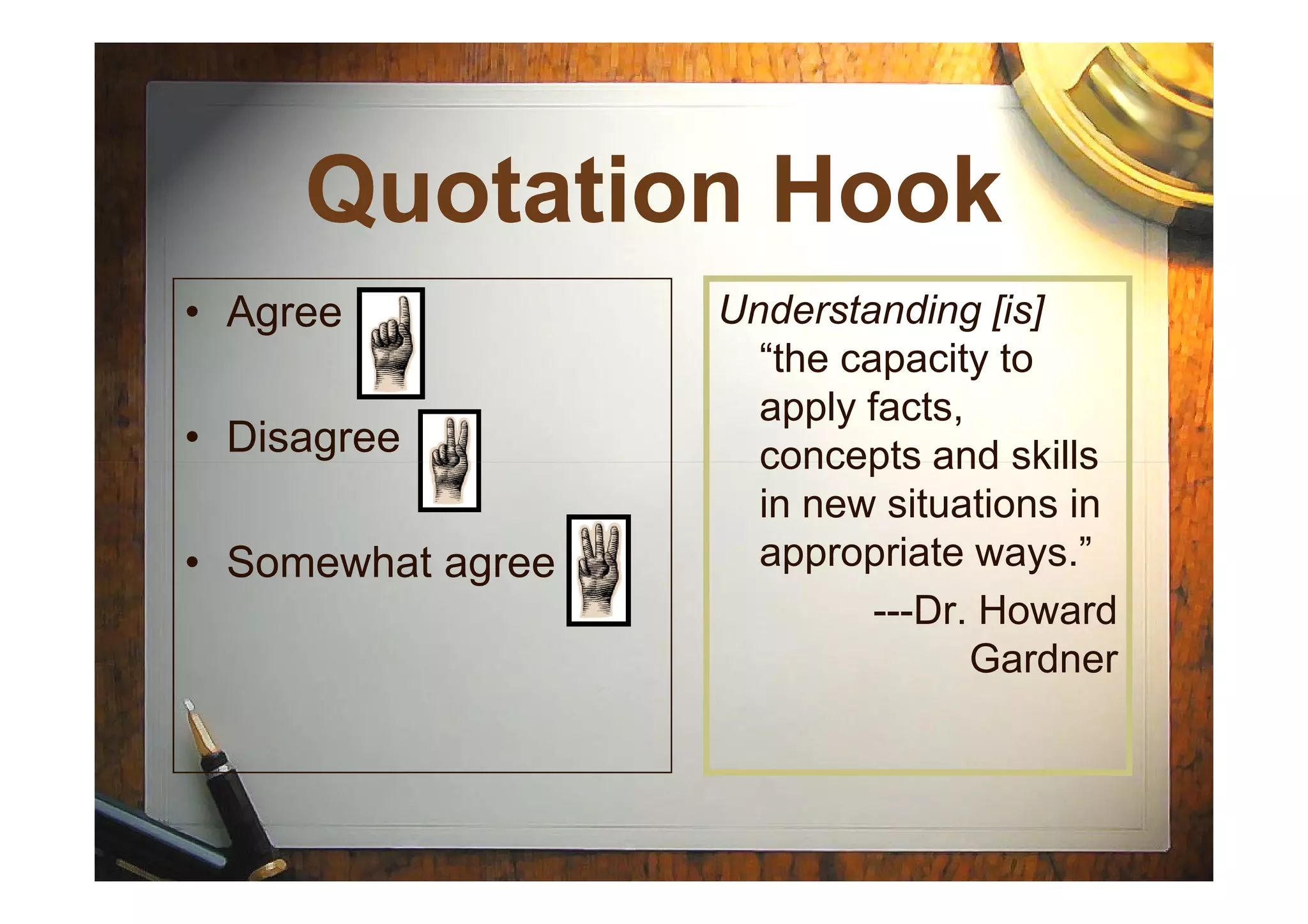 Quotation HookQuotation Hook
Understanding [is]
“the capacity to
apply facts,
concepts and skills
• Agree
• Disagree concepts and skills
in new situations in
appropriate ways.”
---Dr. Howard
Gardner
• Somewhat agree
 