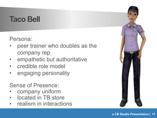 Taco Bell
Persona:
• peer trainer who doubles as the
company rep
• empathetic but authoritative
• credible role model
• en...